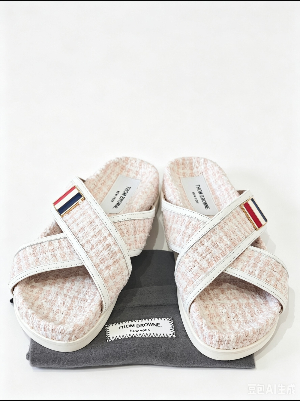 Thom Browne Pink & White Tweed Criss-Cross Flat Sandals